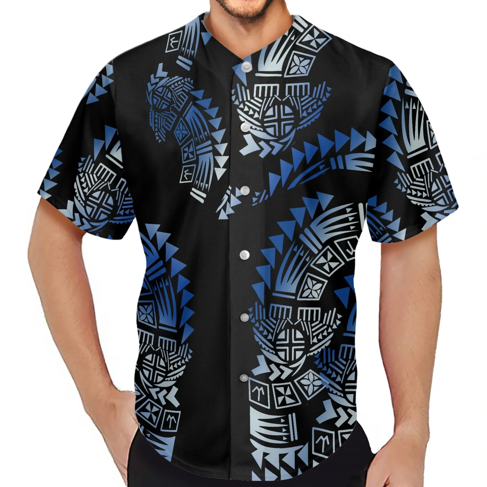 Татуировка тотема полинезийски племе Понпей, мъжки нова модни дрехи с V-образно деколте, риза с копчета, бейзболна фланелка с къс ръкав Изображение 1