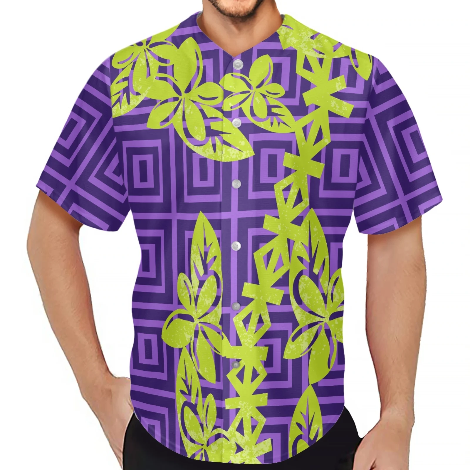 Татуировка тотема полинезийски племе Понпей, мъжки нова модни дрехи с V-образно деколте, риза с копчета, бейзболна фланелка с къс ръкав Изображение 2