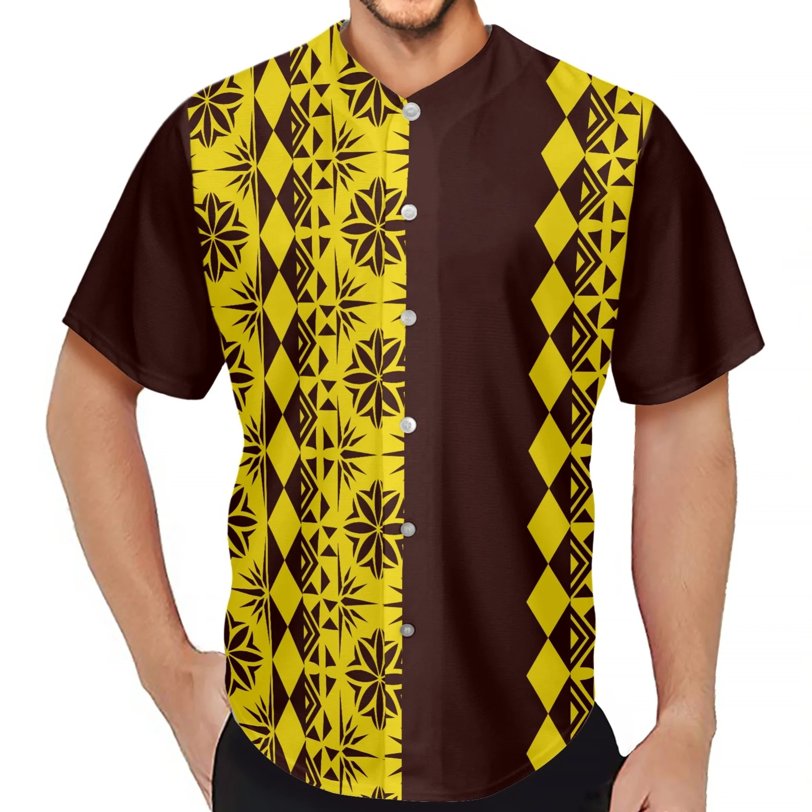 Татуировка тотема полинезийски племе Понпей, мъжки нова модни дрехи с V-образно деколте, риза с копчета, бейзболна фланелка с къс ръкав Изображение 4