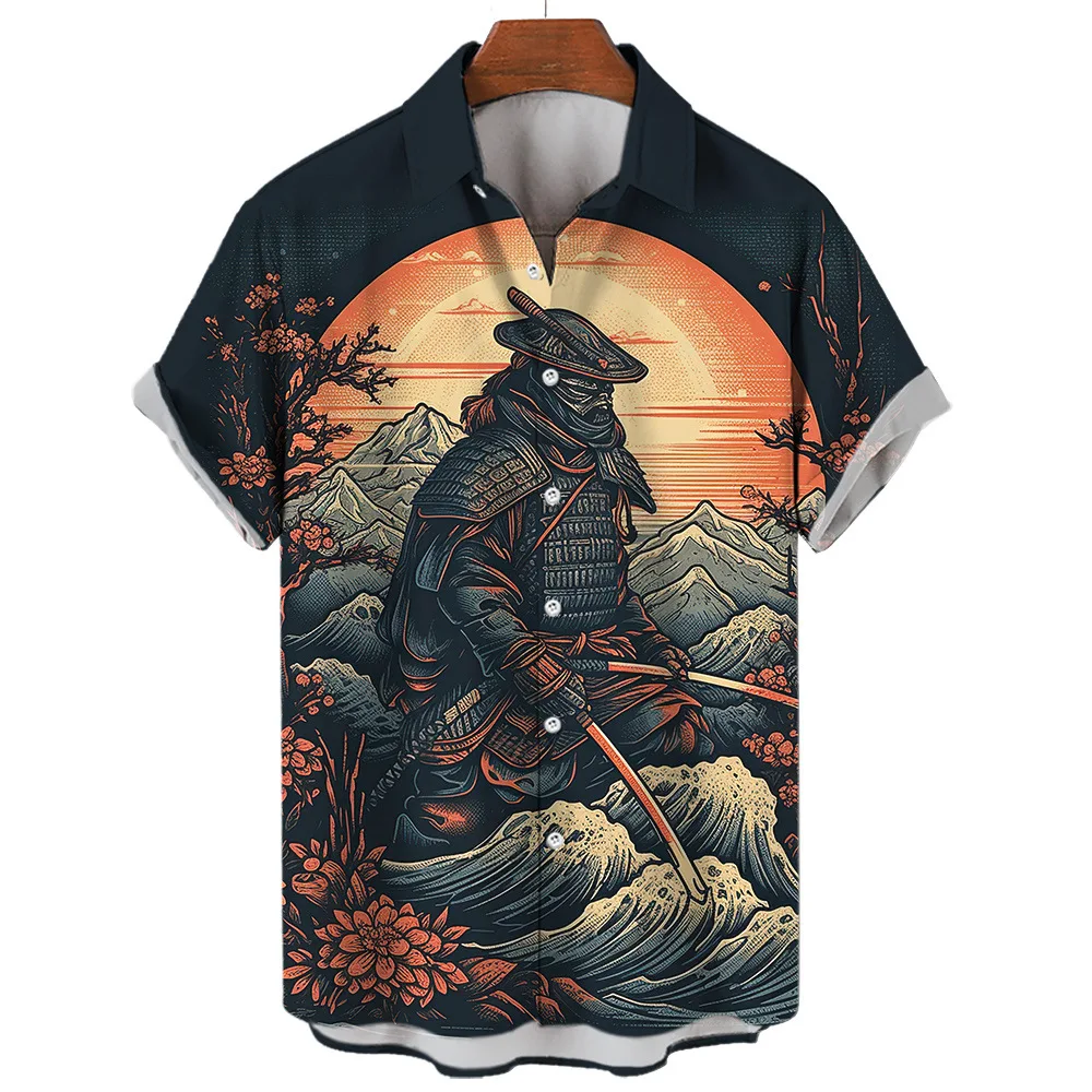 Мъжки Летни ризи Japan Warrior, Мъжки ризи с 3D принтом, Ежедневни Мъжки однобортная дрехи големи размери, блузи с къс ръкав за всеки ден Изображение 2