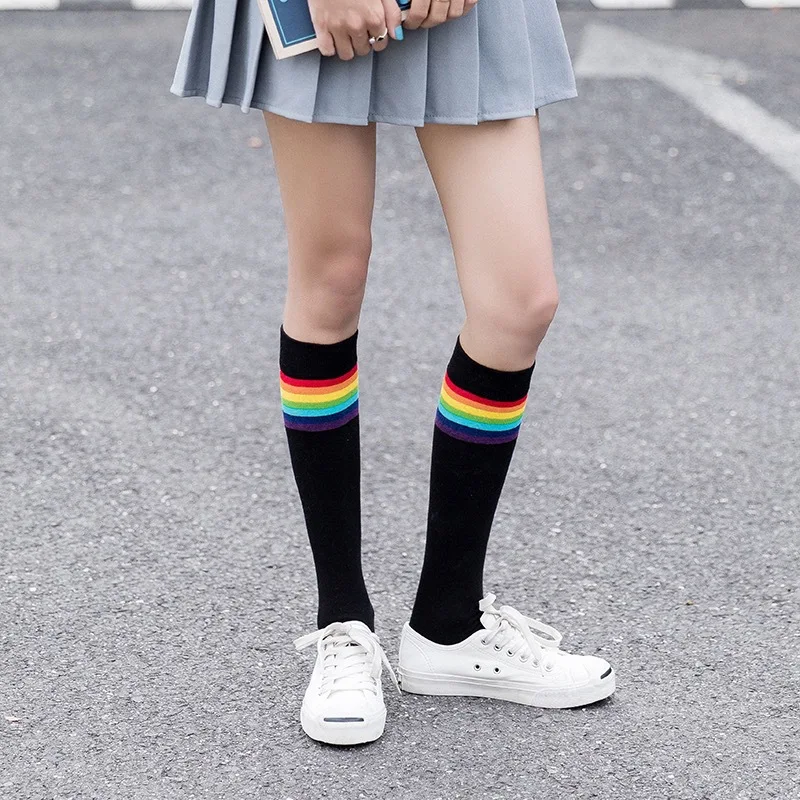 Дамски чорапи от чист памук, с преливащи се цветове чорапи, Летни фини Дълги Чорапи, Черни, бели Дамски чорапи до бедрото Чорапи до коляното за това сладко момиче, цветни чорапи до коляното Изображение 1