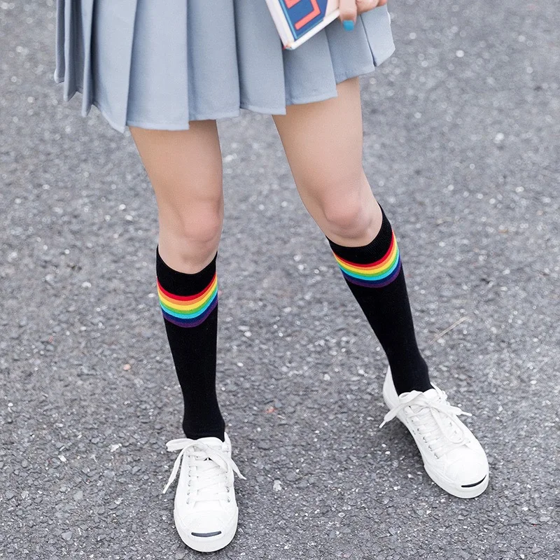 Дамски чорапи от чист памук, с преливащи се цветове чорапи, Летни фини Дълги Чорапи, Черни, бели Дамски чорапи до бедрото Чорапи до коляното за това сладко момиче, цветни чорапи до коляното Изображение 3