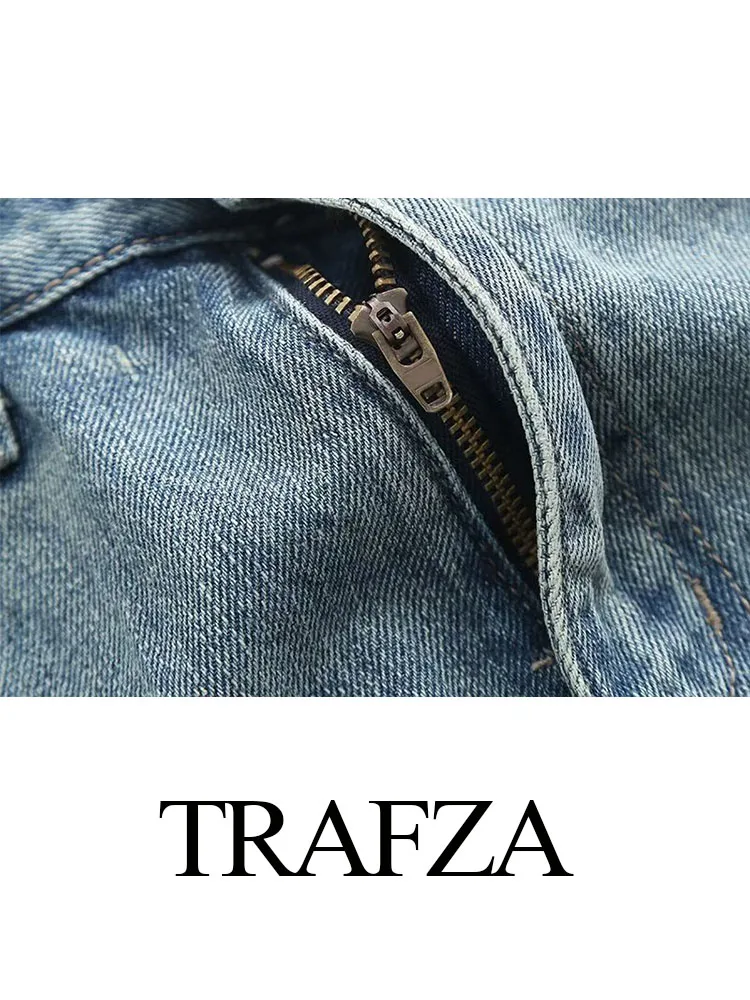 Дамски Модни улични шорти TRAFZA, Сини Дънкови панталони с висока талия, джобове копчета, цип, Летни дънкови къси панталони за жени 2023 Изображение 3