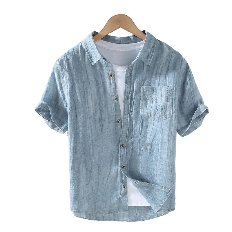 Лятна Мъжка риза от чист Лен с къс ръкав и квадратни деколтета в Ретро стил от старата конопляной Тъкан, Мъжка риза от Памучен конопляной тъкан, Топ Изображение 1