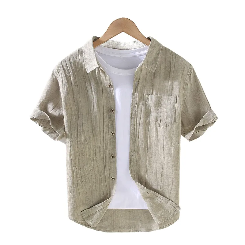 Лятна Мъжка риза от чист Лен с къс ръкав и квадратни деколтета в Ретро стил от старата конопляной Тъкан, Мъжка риза от Памучен конопляной тъкан, Топ Изображение 4